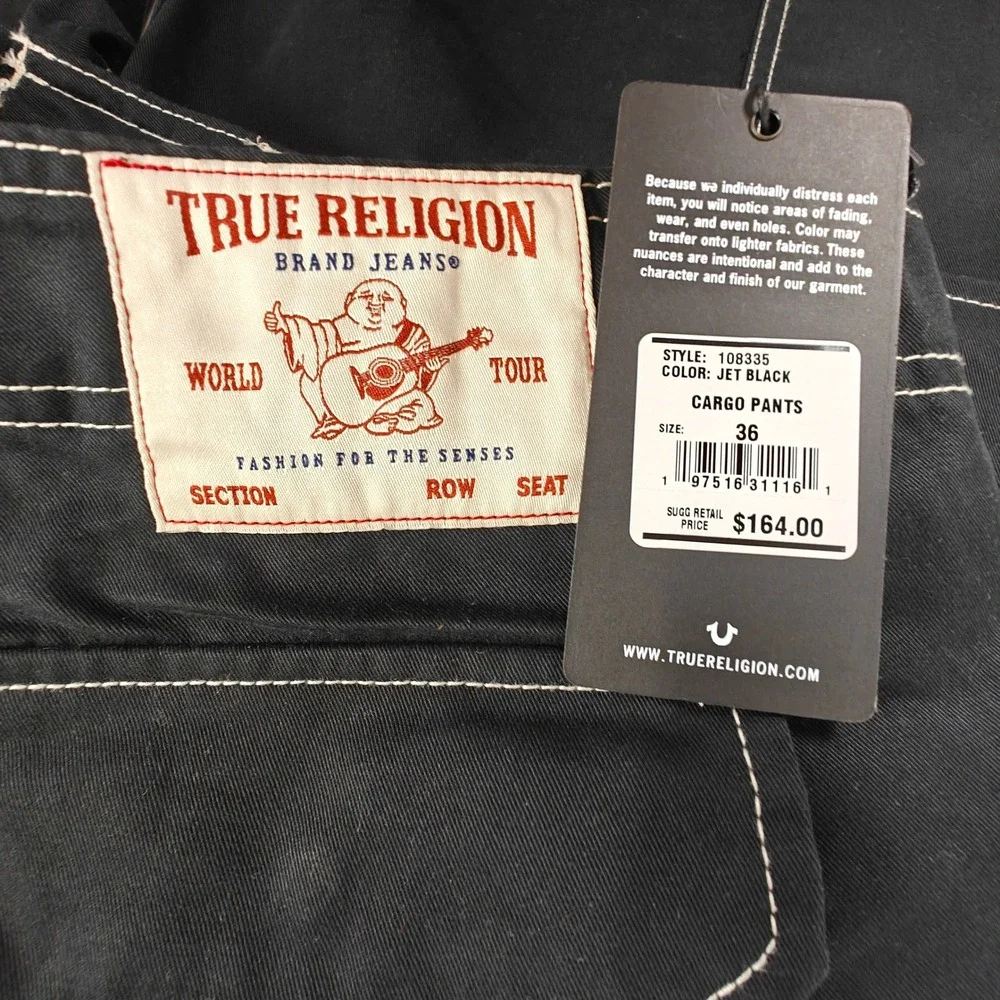 NWT Size 36 True Religion Mens Jet Black Contrast Stitch Cargo Pants 108335
